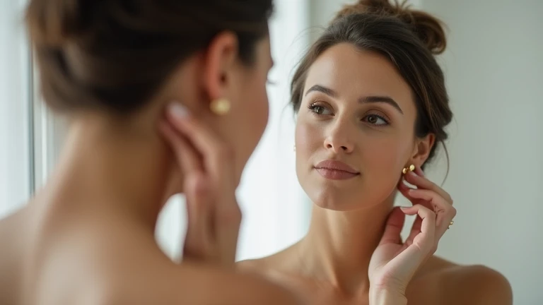 An elegant and minimalistic image of a woman wearing small, delicate hoop earrings made of safe materials like titanium or surgical steel. She is adjusting her earrings in a well-lit room with a mirror in front of her, showing her calm and confident demean...