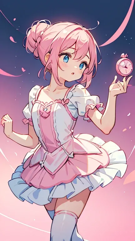 (( A girl with hair tied in a circle over light pink and light blue eyes)),(( Im wearing ballerina accessories )),(( Im wearing pink ballerina clothes )),((Im holding a pink music box )),(( Im wearing pink ballet shoes )), bangs , hair between eyes 