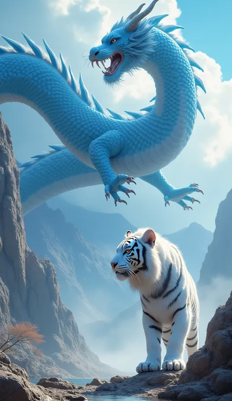 ((masterpiece,  top quality,  highest image quality  ,  High Resolution, Realistic,  original photo,  extremely detailed unified CG 8K wallpaper )), Chinese mythical beasts，A white tiger and a blue Chinese dragon，The blue dragon flies in the sky