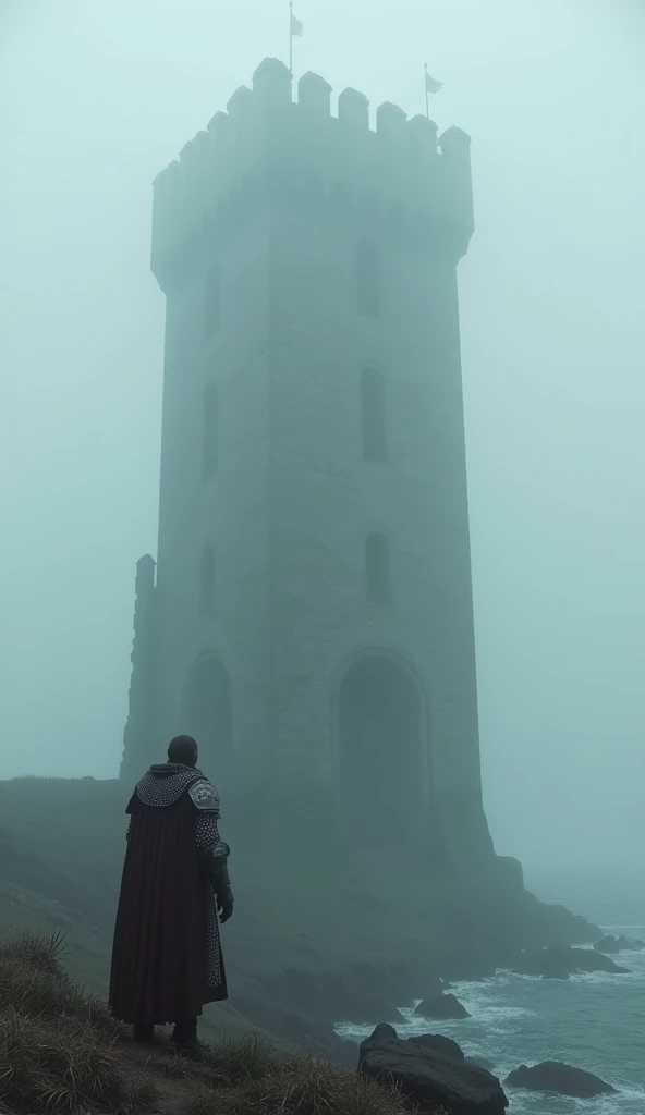 "The Normand Tower surrounded by dense mist, a medieval knight standing at its base, wearing chainmail, gazing upward at the tower, the ocean barely visible through the fog, with the landscape appearing eerily quiet and still, hyper-realistic, photo realis...