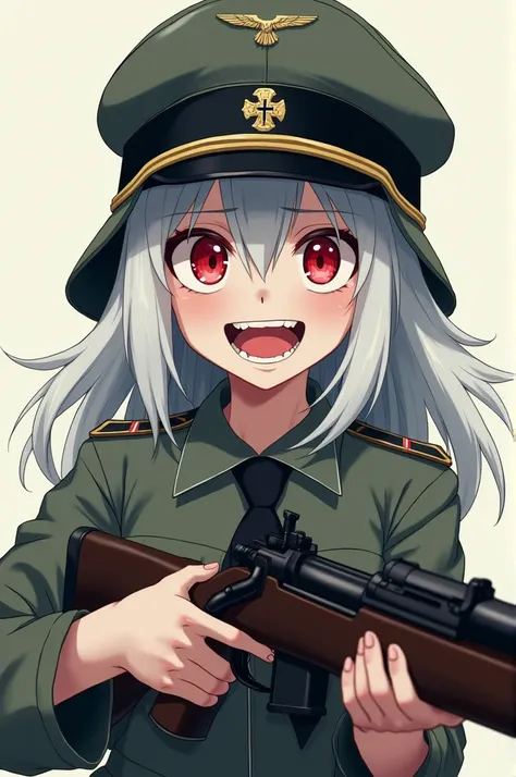 Simple style, young anime girl with german WW2 soldier and helmet. Red eyes, albino. She drowls excited grinning sadically, holding her rifle threatening.