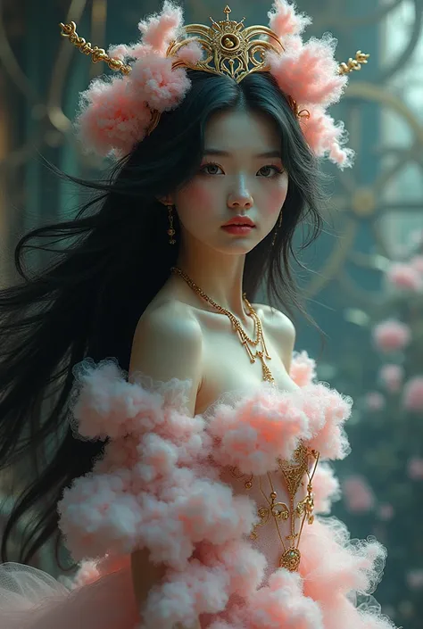 Fairy woman mixed with cotton candy,  steampunk style,  black hair