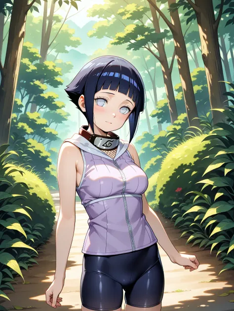 hyuuga hinata,loli,,sleeveless,bike shorts,nature,looking viewer,short hair,medium breasts