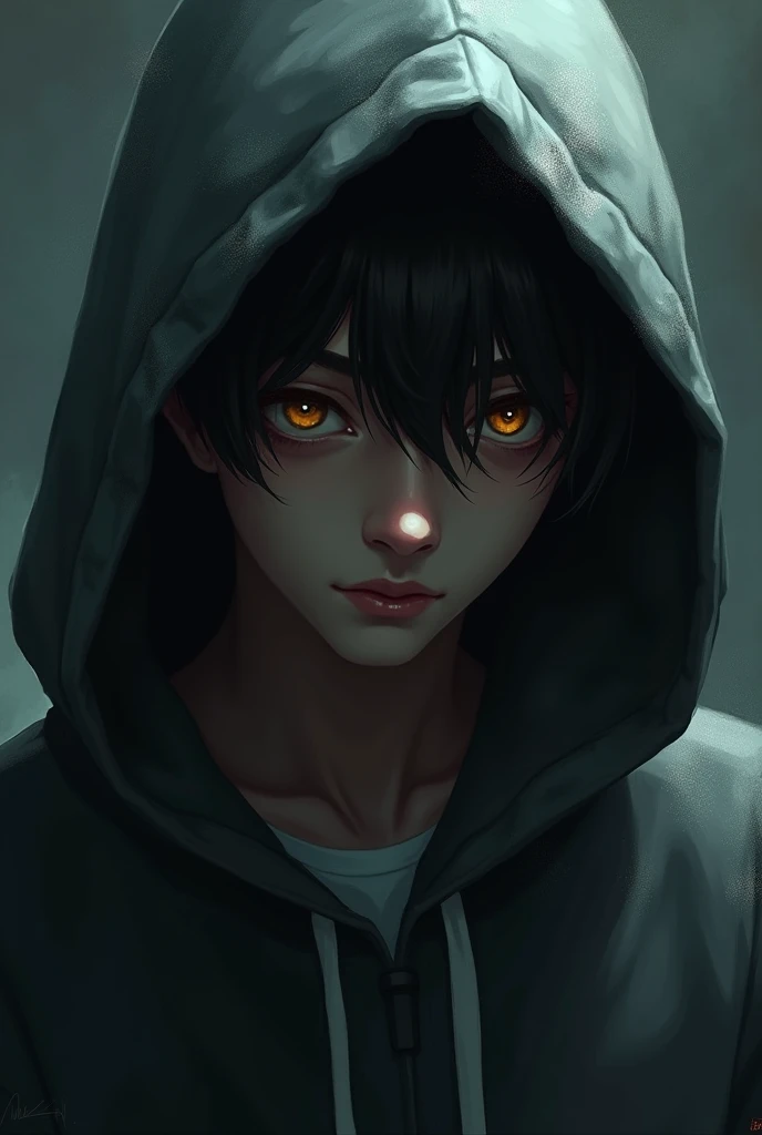 I want to create a character short black hair ,  golden eyes ,  with a sweatshirt covering his head and dark skin.