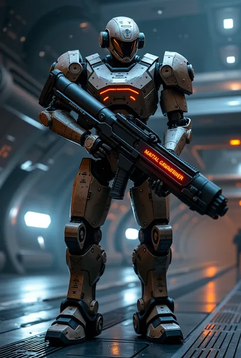 A robotic soldier with an imposing, armored design, standing guard on a spaceship deck. The robot’s gun is a sleek, matte-black weapon with "MANTAL GAWARNER" engraved in glowing red text, emitting a faint holographic glow. Stars and planets are visible thr...