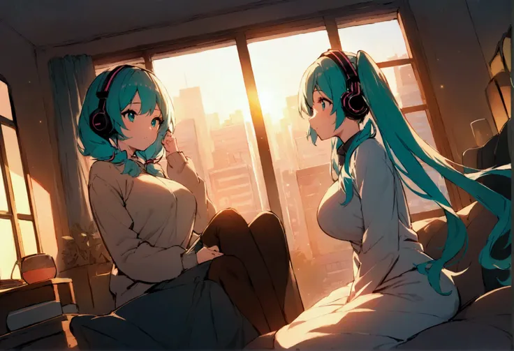 (Big Breasts),((Best Quality)), (masterpiece), wide-angle view of a cozy, bright room during golden hour. Hatsune Miku sits by the window, wearing headphones, with teal twin tails and a serene expression. Warm sunlight streams through the window, casting a...