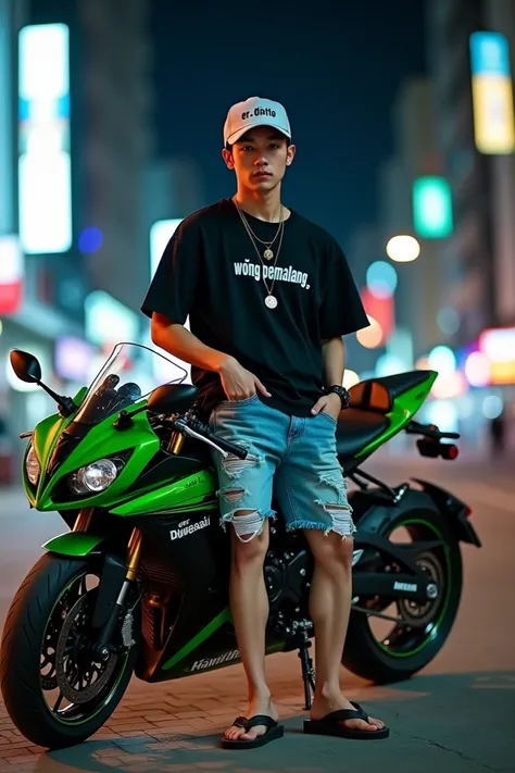 Realistic photography. Professional model shoot. Korean man wearing a baseball cap that says ER, distro t-shirt that says WONG PEMALANG, ripped short jeans, flip-flops. Leaning in cool style, the Kawasaki Ninja Sport Green and Black on the sidewalk at nigh...