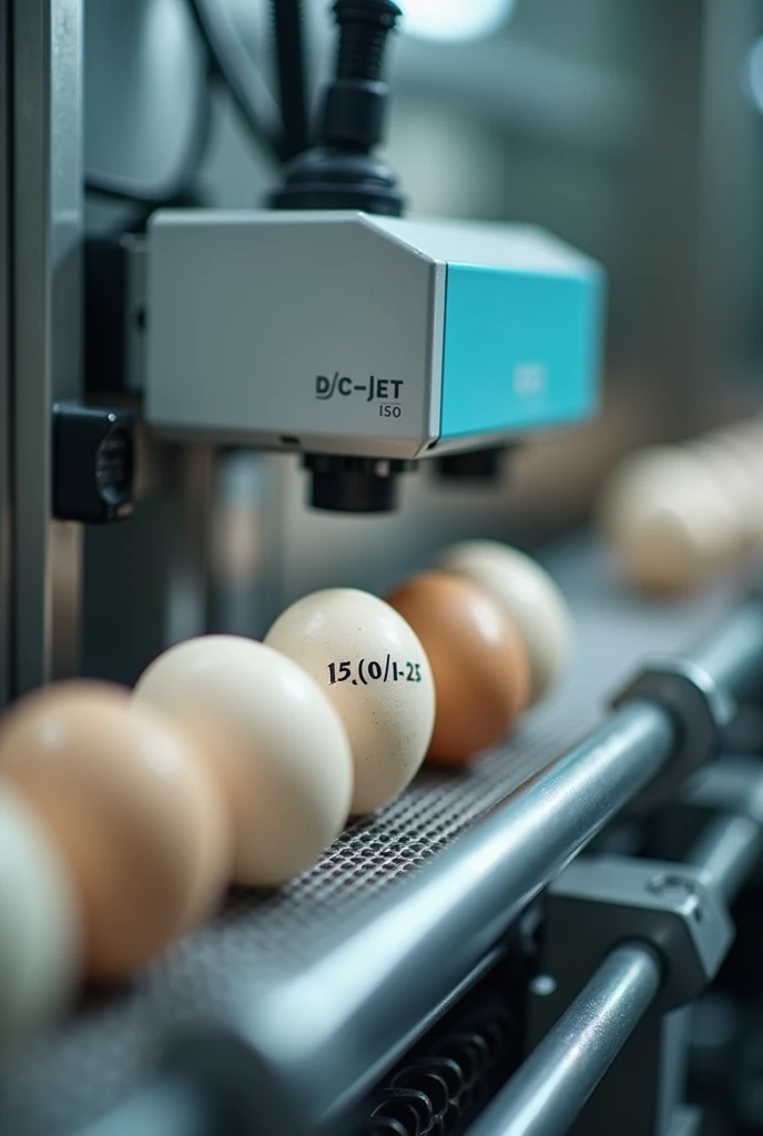 
A conveyor belt is coming from the farm, and it is a chain-type conveyor carrying eggs. Above the conveyor, there is an egg printer (DC-Jet 150 Plus) printing the expiry date "15/01/25" on the eggs.


