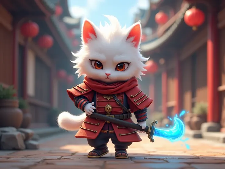 Pure white little cat, red armor and sword, samurai walking in old town, nervous expression, droopy ears, fluffy, glowing sword, blue aura, masterpiece, best quality, official art, highly detailed CG Unity 8k wallpaper,