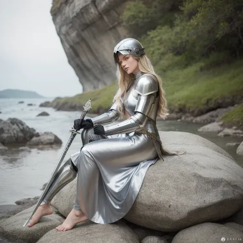 Watercolor acrylic random pose, style Anka Zhuravleva, woman sitting on a rock and holding a sword, beautiful woman model in knights armor, stainless steel, the image of a woman paladin, elegant woman, fashionable silver dress, barefoot one foot stands on ...