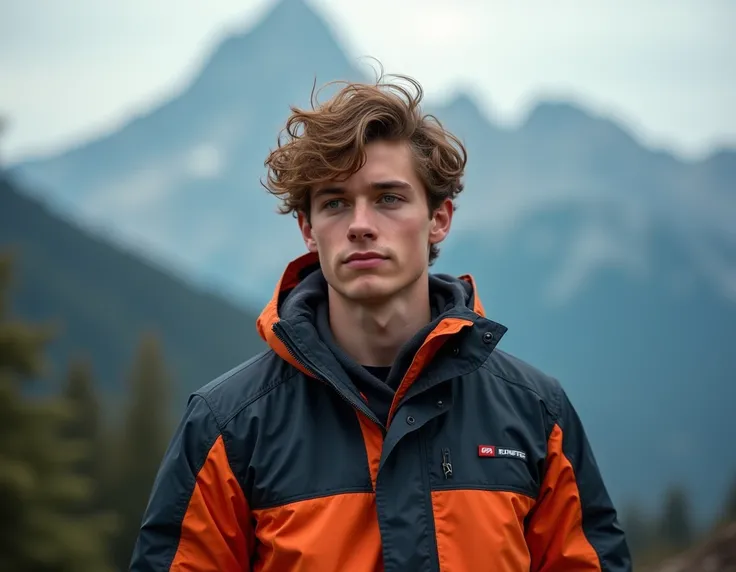 The image features a young adult male standing outdoors with a majestic mountain landscape in the background. He has a contemplative expression, with his eyes looking slightly to the side, giving the impression of deep thought or appraisal of the environme...