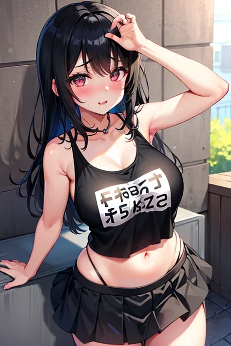 black hair, big breats, microskirt, tank top, blush, drooling, mesugaki, NkHsel, NkGrtl, anime love live 