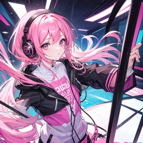 A girl, pink hair, headphone