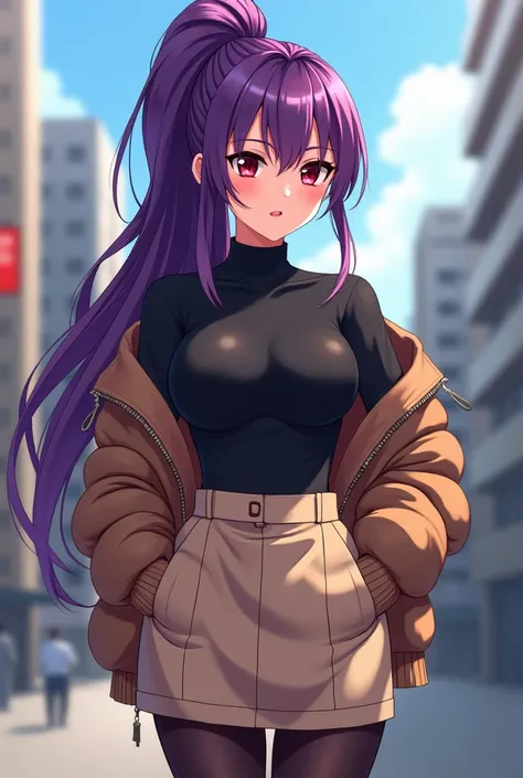 Appearance: 
Hair: Long, vibrant purple hair tied in a high ponytail with soft bangs framing her face. 
Eyes: Deep red, slightly sharp, exuding confidence and mystery. 
Build: Curvy yet toned physique, giving her a mix of elegance and strength. 
Clothing S...