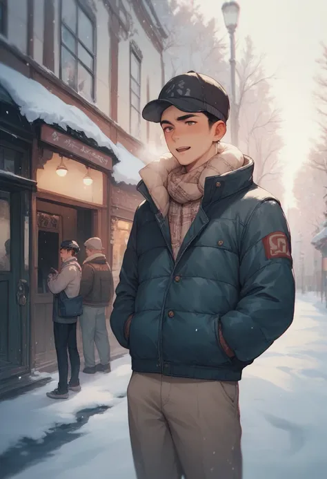 Poor man in the cold winter.  anime characters