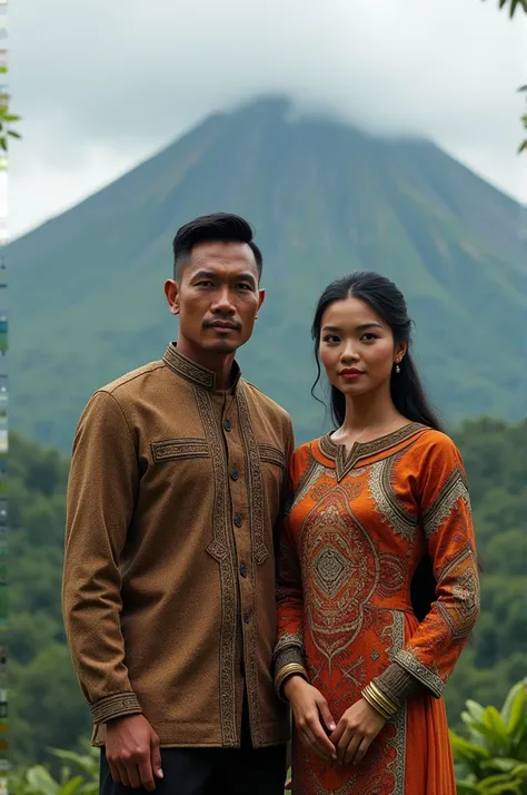 Hyperrealistic 4d image of male and female couple ( of East Java  (Indonesia) menghadap kamera dengan background gunung penanggungan  of East Java  (Indonesia)