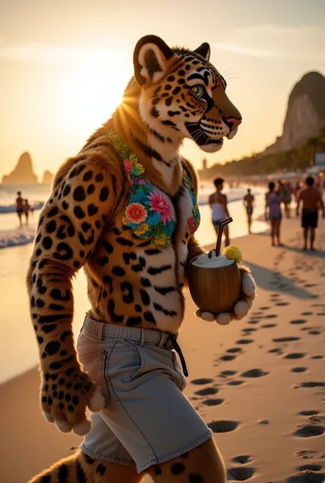 "Anthropomorphic jaguar male, muscular and adult, with golden spotted fur and intense, confident eyes. He’s wearing a tight, tropical shirt with vibrant colors and floral patterns, paired with loose shorts and flip-flops. He’s walking along the beach of Co...