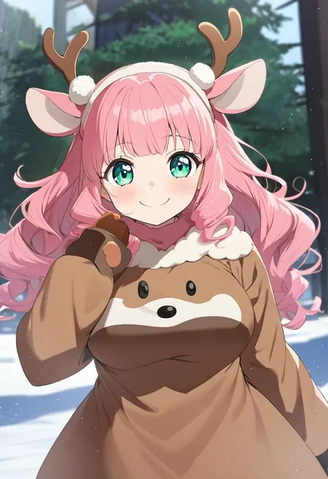 1 girl,Anime Face,,daughter,Big Breasts, green eyes,Pink long hair, wave hair, reindeer cosplay,smile, cowboy shot,