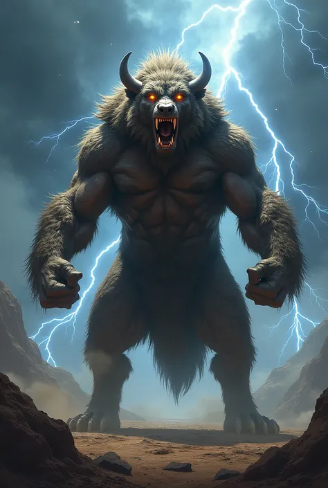 Give me an image of the fusion of the extremely furious wolf and buffalo walking standing and beating his chest with his hands with lightning behind him 