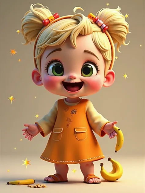 Theres a graffiti ,  emphasis on graffiti style in it , quite funny .  Create a Pixar-style 3D character of a  baby  ,  happy expression ,  as if in a state of excitement or EUPHORIC , chaotic . The baby is dressed in a cute orange dress and an adorable he...