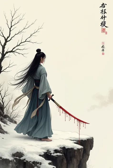 Depict a scene of a chinese ink painting in which we view a woman wearing a hanfu from the back. We can see a sword in her hand the blade of which is dripping with blood in the white snow. It is viewed from quiet a distance so the whole scene could easily ...