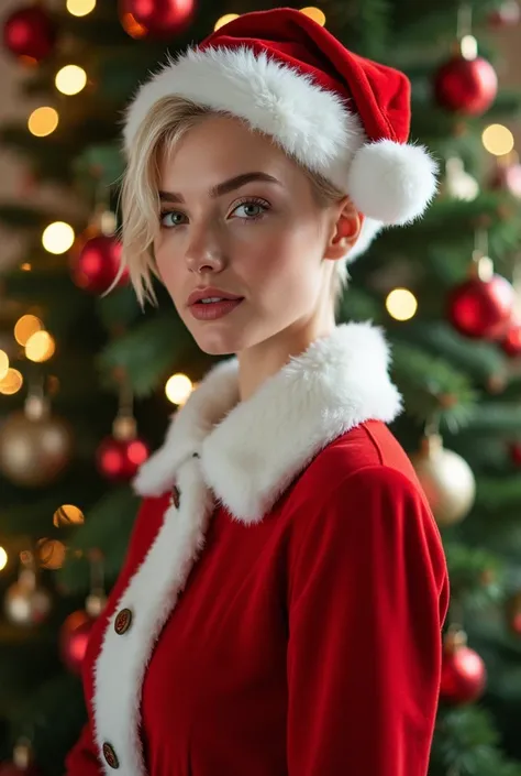 A beautiful caucasian English girl with short pixie cut platinum blonde hair, wet slicked back hair, aged 27 years, dressed as Santa, standing in front of a cristmas tree