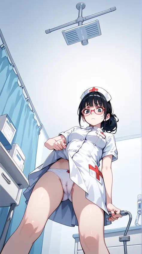 Black hair, glasses, nurse, scary,hate,frown,disdain,lift skirt,show of panties,from below,cameltoe