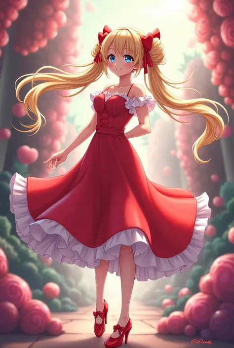 Anime woman blonde hair bun pigtails with accessories Two heart shaped ties and blue eyes and wear red short dress and red shoes 