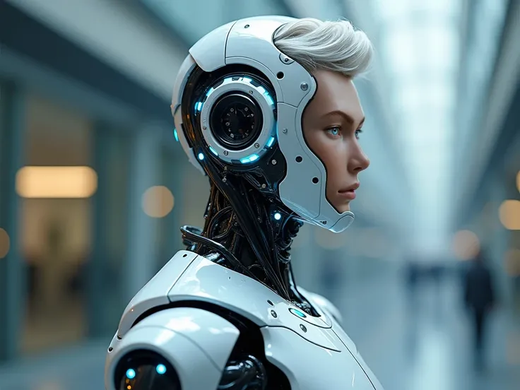 "A highly detailed futuristic male humanoid robot shown as a half-body portrait. The robot has a sleek metallic silver body with glowing blue light accents and mechanical headgear seamlessly integrated with styled synthetic hair. The head is fully visible,...