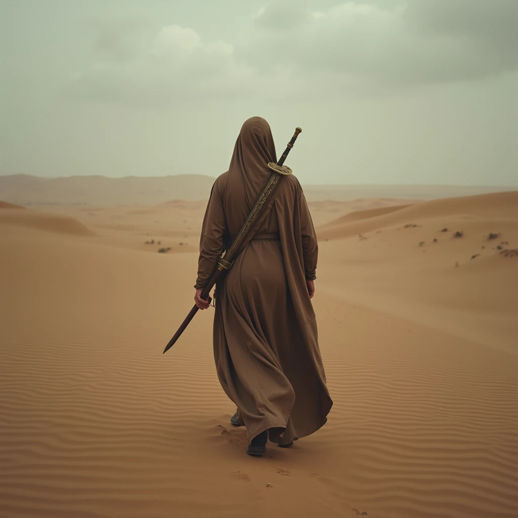 The image shows a person wearing a long, ancient Arabian hooded cloak walking through the desert. The cloak extends all the way to the persons , so their feet are not visible, and the cloak is lying on the desert sand while slightly fluttering in the wind....