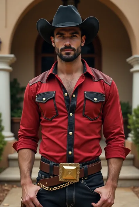  Create a touch to create a handsome Spanish with a light white complexion ,  Light brown eyes , 30 YEARS , Arranged Short Black Beard  ,  sturdy but muscular body  . dressed in a black denim cowboy hat  ,  Red shirt With black details of slightly unbutton...