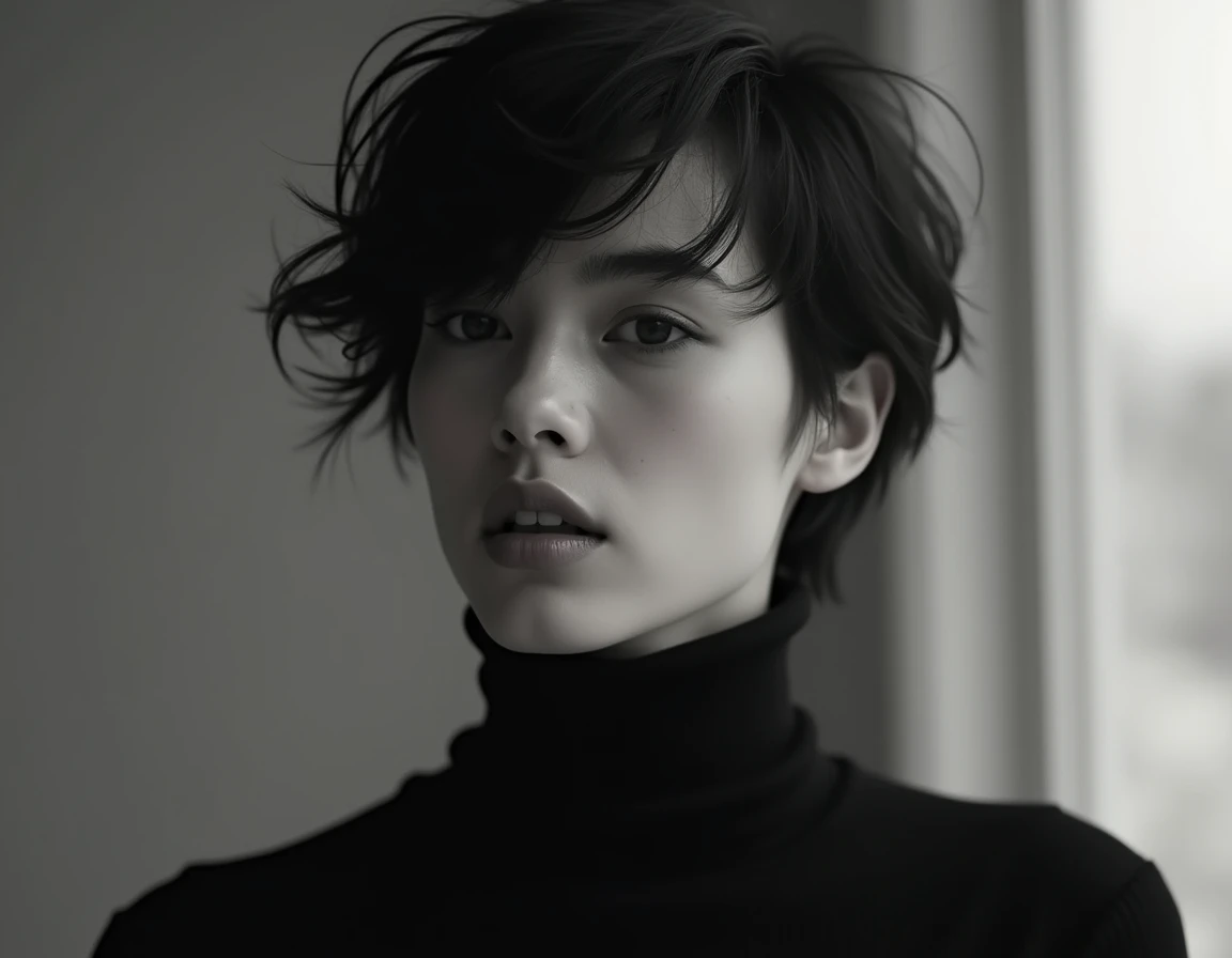 The image features a person with short, tousled hair, wearing a black turtleneck sweater. The monochrome palette emphasizes the contrast between the dark clothing and the lighter skin tone, creating a striking visual effect. The subjects expression is calm...