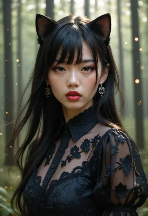 score_9,score_8_up,score_7_up,score_6_up, solo, 1girl, asian, long hair, bangs, freckles, cat ears, black hair, intricate details, thick lips, lipstick, fang out, earrings, jewelry, goth collared dress, head tilt, upper body, wind, dark forest, particles, ...