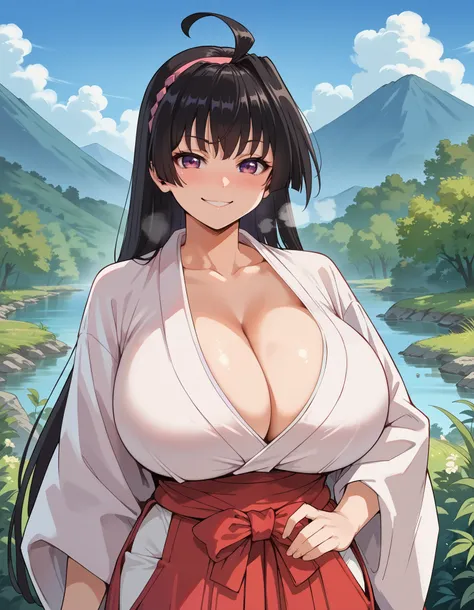 score_9, score_8_up, score_7_up, source_anime, ayako mochizuki, long hair, black hair, purple eyes, ahoge, hairband,, skirt, japanese clothes, hakama, miko, red hakama,,outdoors, domestic life, fresh air, blue sky,(smile),naughty smile, looking at viewer, ...