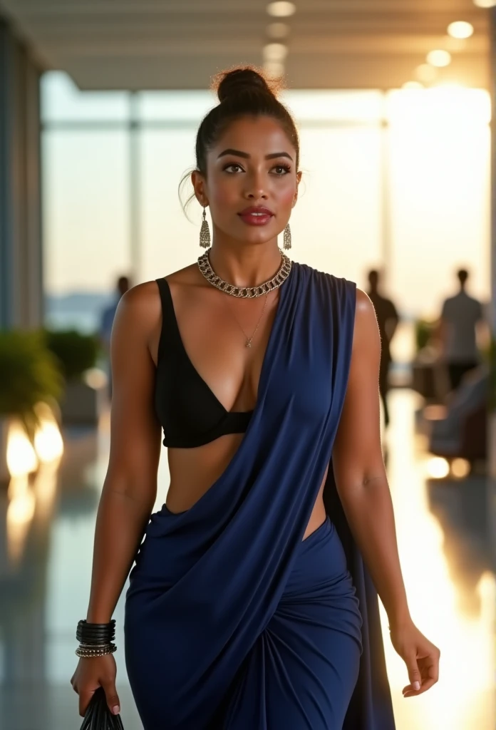 Woman showing sexy navel in Navy blue saree and black sleeveless blouse, hair bun, fit and busty woman, showing navel and navel chain, navel is visible in saree, sexy navel, wearing navel chain,walking in airport, bright sunny day, sunrays penetrating, air...