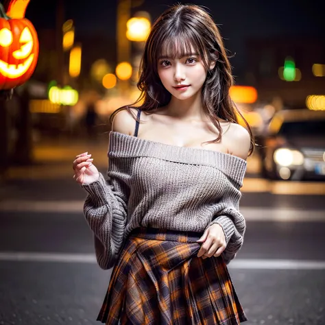 1 beautiful young girl, Super beautiful detailed face, shyly smile, medium breasts, Deep cleavage), (off-the-shoulder sweater, Oversized sweater:1.3), (Skirt lift), (skirt lift by yourself), (Flip up the skirt), (Grey Tartan Check Pleated Skirt Lift Yourse...