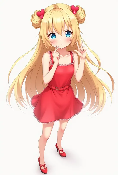 Anime woman blonde hair two bun  with accessories Two heart shaped ties and blue eyes and wear red short dress and red shoes 