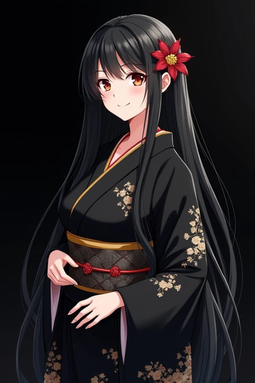 1girl, Long Hair, Smile, Black Hair, Breasts, 
Black Kimono 👘 , short, black background, 
Example kibutsuji muzan kimono