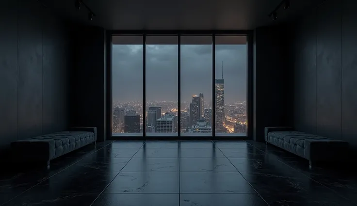 "A modern dark-themed living room interior, entirely empty, with dark charcoal walls, large floor-to-ceiling windows showing a nighttime cityscape, and subtle reflections on a glossy black floor."

