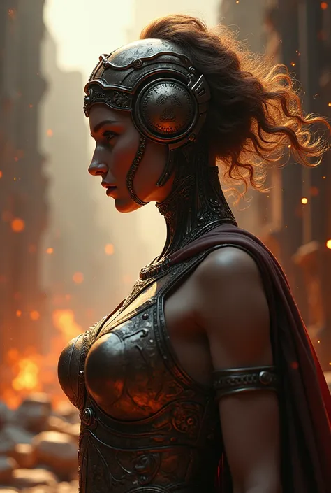 Roman goddess, warmonger, death, destruction and ruin, head to breast, legionnaire cybernetics. High Resolution, Masterpiece, Award Winning, Best Quality, High Details, High Quality, UHD, Optical Illusion, Impressionism, Art Deco, Cinematic, Cinematography...