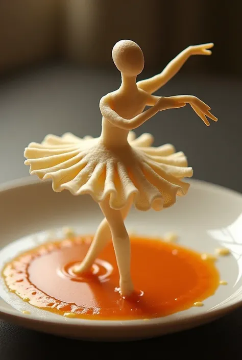 A maxixi plate with threads in the shape of a human figure dancing ballet. The dough looks realistic,  with soft lighting in the sauce . The rest of the ...  img_1025.HERE