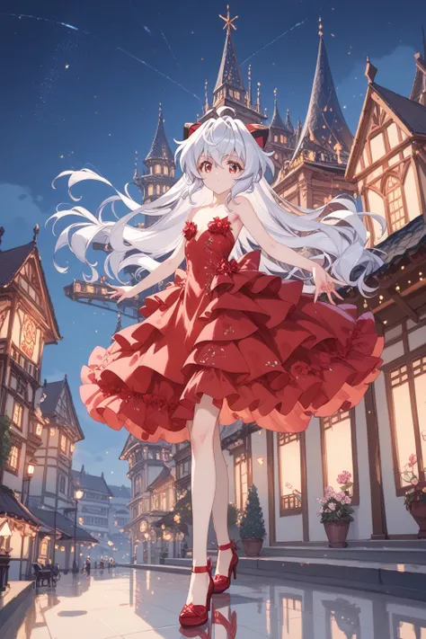 (Yukine Chris,symphogear),(silver long hair),One Girl,Pale skin,naked,(full length),Five fingers,Perfect hands,perfect eyes,Masterpiece,gorgeous red fit and flare dress, night view on the roof of a building, lights,