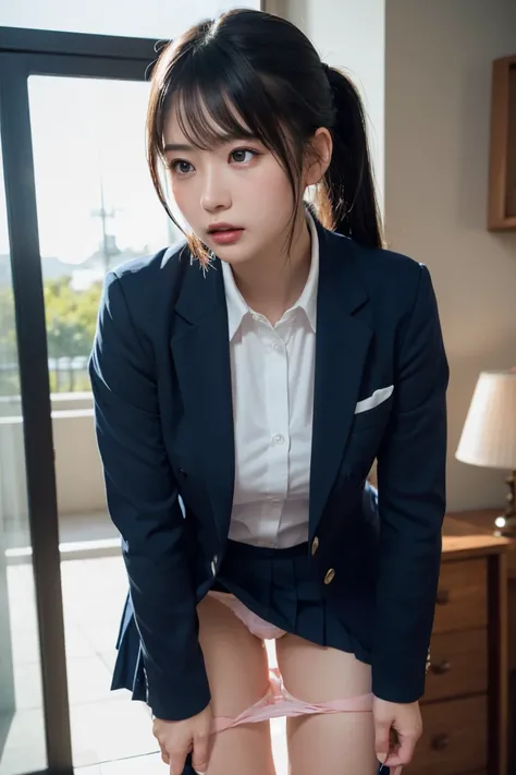 1girl,leaning forward,Perfect hands,(panty pull:1.5), (embarrassed,blush:1.3),school uniform,ponytail,Navy blue blazer,pleated skirt,tongue out,Looking Down and Sleepy,school background,warm sunset lighting,bright and energetic atmosphere,detailed face,bea...