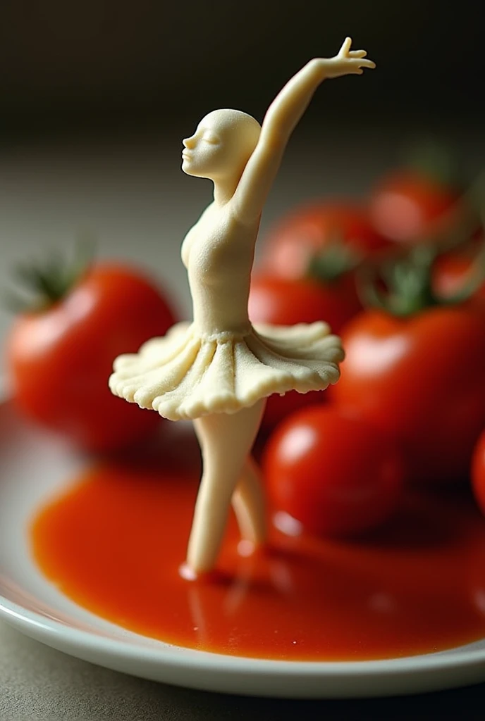 A tomato plate with threads shaped like a human figure dancing ballet. The dough looks realistic,  with soft lighting in the sauce . The rest of the ...  img_1025.HERE