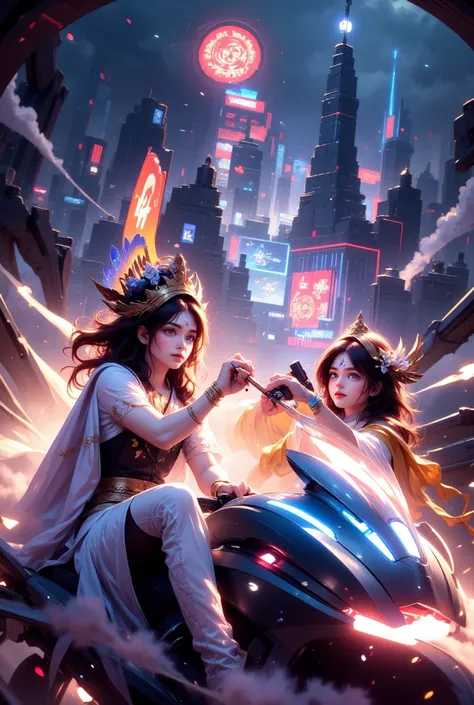 An anime-inspired cyberpunk scene featuring Radha and Krishna riding advanced, futuristic hoverbikes through a neon-lit city at night. Radha, with glowing golden-white skin radiating divine light, has captivating beauty enhanced by dark, flowing hair adorn...