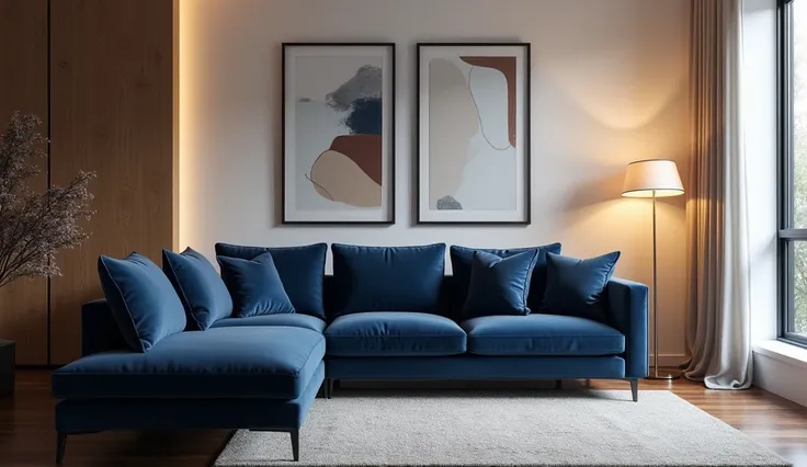 "A contemporary living room with a navy blue sectional sofa, abstract wall art, and a floor lamp casting a cozy glow, complemented by a dark wooden floor."

