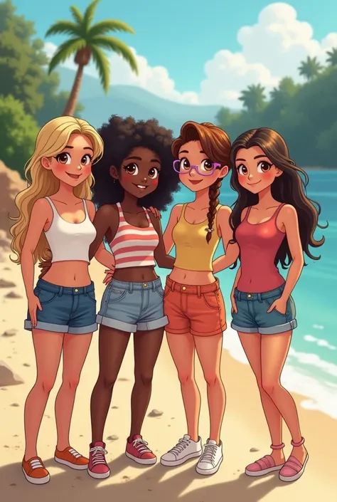 A group of cute girls Leonie Mia Sarah Clara and Emma one of them is dark-skinned friendly smiles the girls are between 14 and  look totally cute one of them wears glasses cool summer outfits and a boy in the group called Jonas he is  smiles friendly ein j...