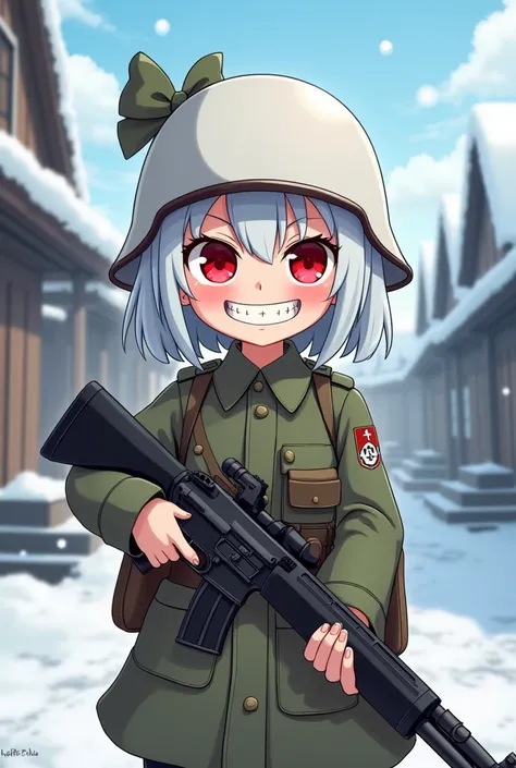 Cartoon style, young anime girl WW2 soldier with a bow on her white helmet. Red eyes, albino. She drools smiling in predatory hunger, holding her rifle. She is in a snowy town