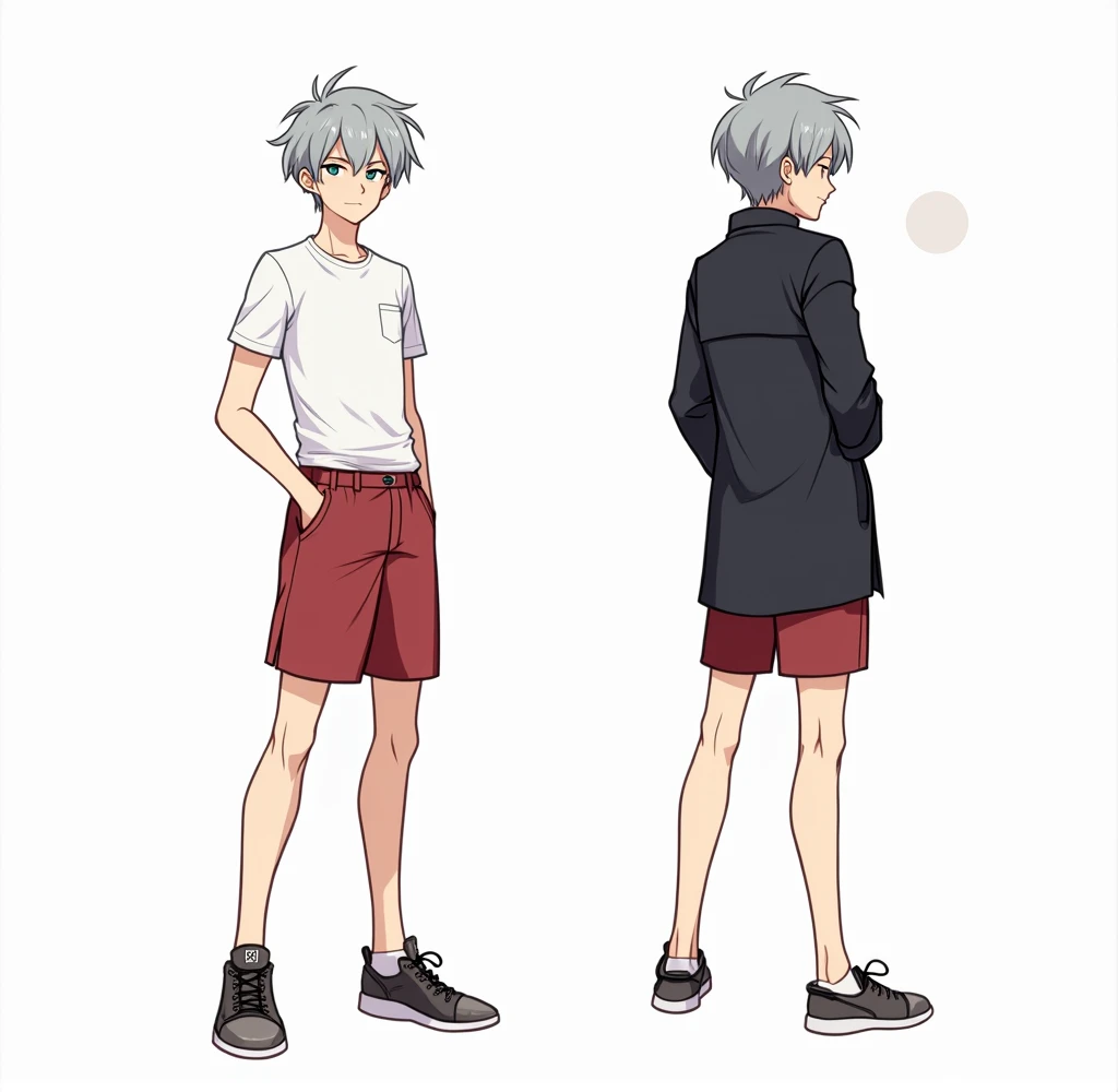 ((masterpiece)), (((best quality))), (character design sheet, same character full body, front, side, back), Illustration, ((1 **********)), Grey hair color, , short hair, environment change, pose kota, smart, male, white t-shirt, red short pant, coat , cha...