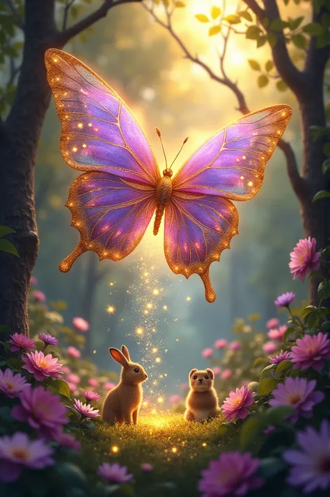 glowing butterfly with intricate wings in shades of purple, gold, and pink, sprinkling magical golden dust over a forest. Below, flowers bloom in vibrant colors, and trees regain lush green leaves. Animals like rabbits, deer, and birds watch in awe. The at...